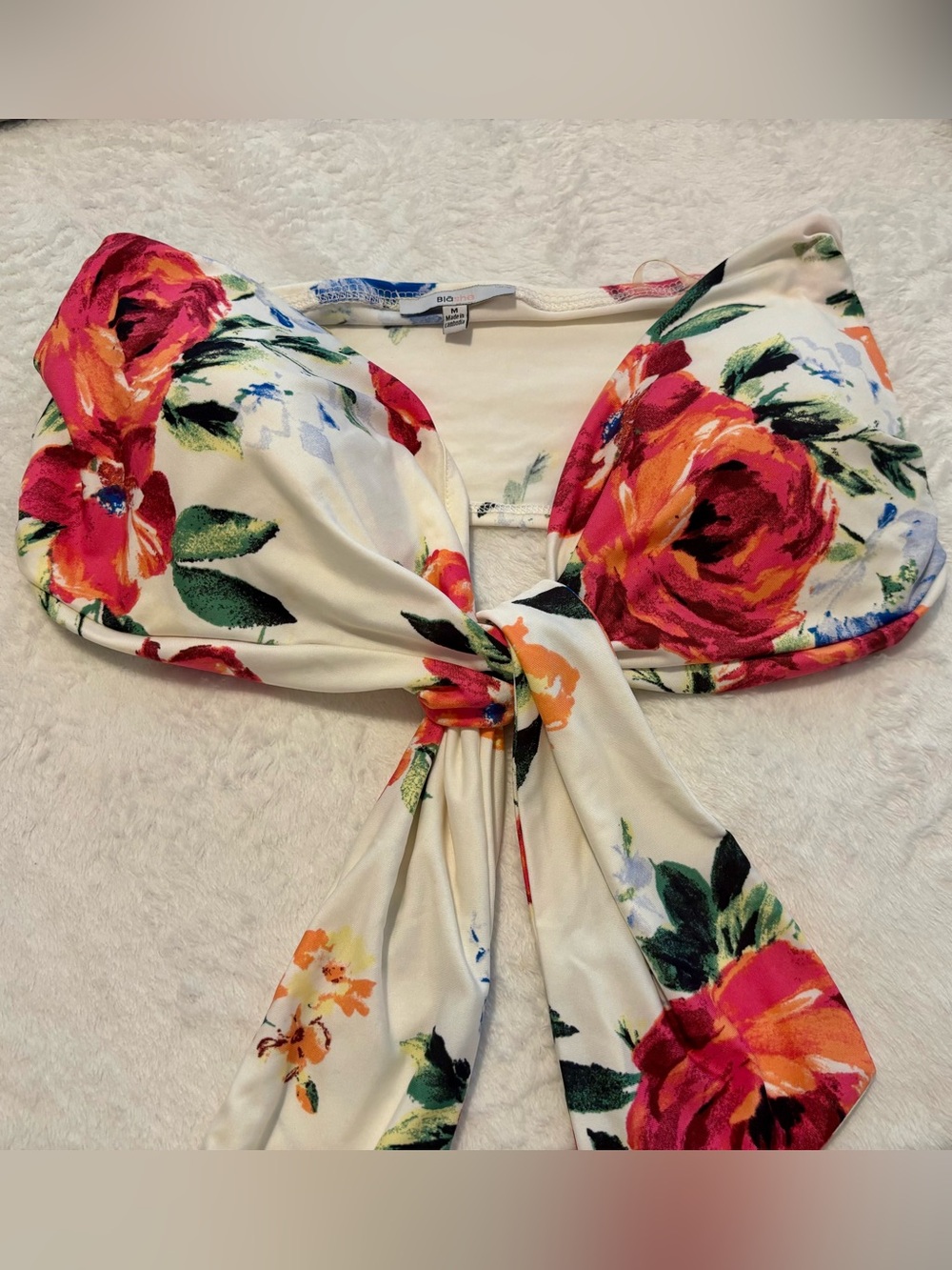 Tie-Front Floral Crop Top in Cream with Pink & Green